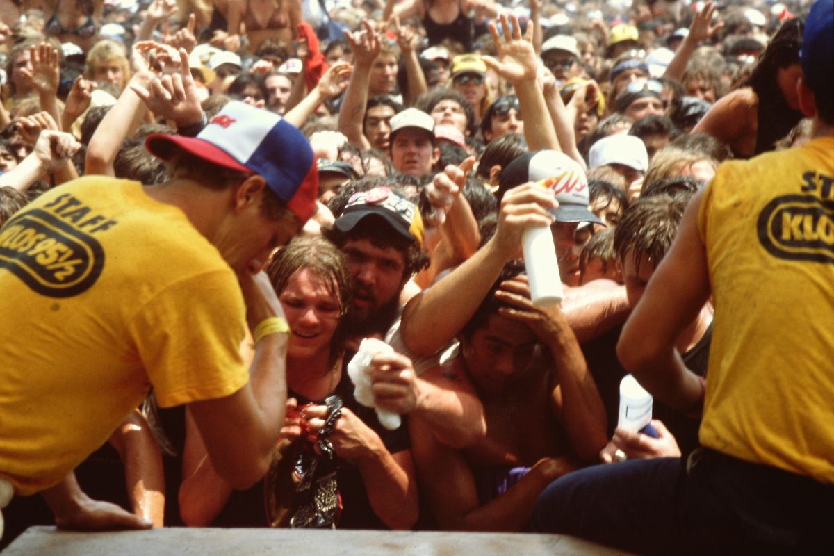 Fighting my way to the front row in the US Festival 83 crowd.